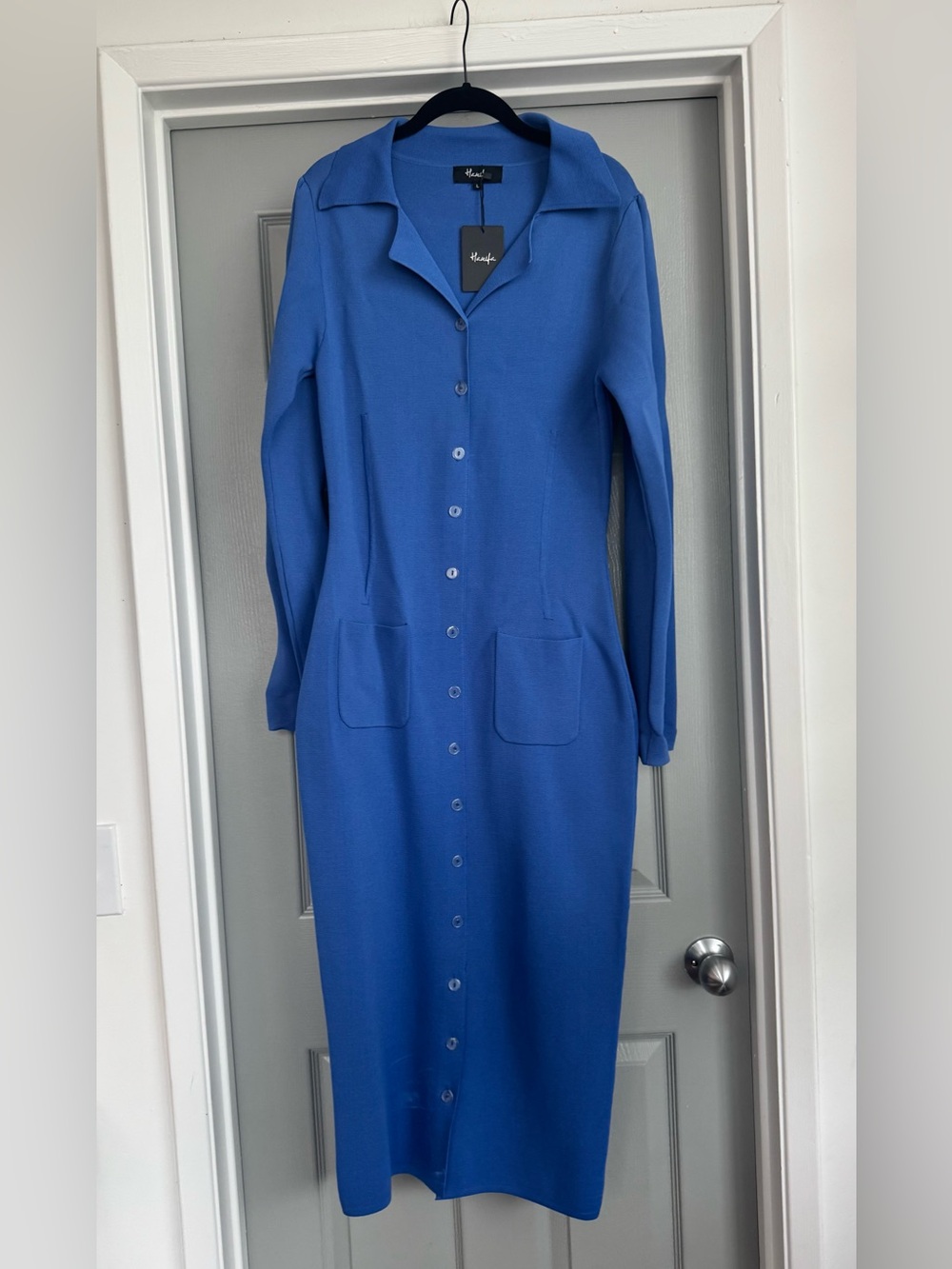 Hanifa Cobalt Blue Long Sleeve Button-Front Knit Dress